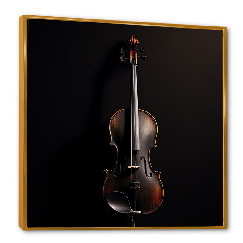 Violon vibrato élégant ébène sur toile, Cadre flottant doré, H 16 po x l 16 po x P 1 po