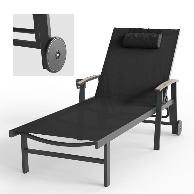 Outdoor Patio Chaise Lounge Set Of 2 With Wheels And Armrests, Matte Black