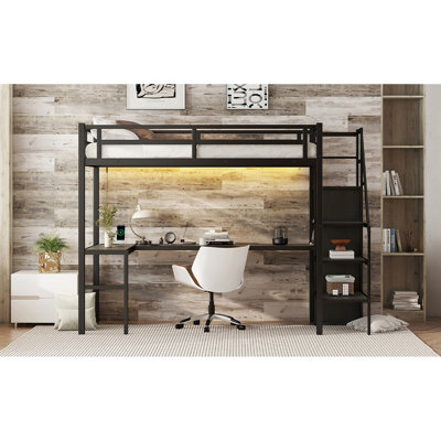 Twin XL Metal Loft Bed With L-Shaped Desk, Wardrobe, USB, And LED, Ideal For Space-Saving And Multifunctional Living