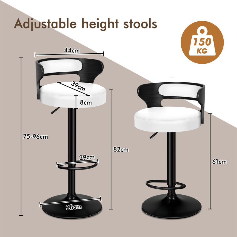 Upholstered Adjustable Height Bar Stool with Solid Wood Frame, White/Black