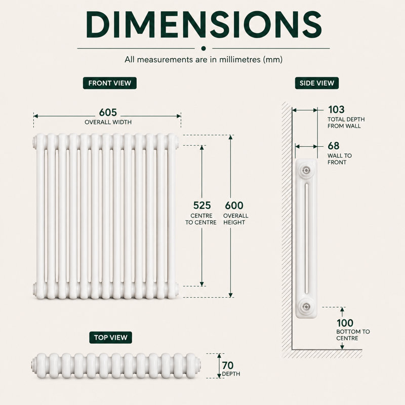 Uxbridge Horizontal Traditional Colosseum Radiator, White, 600mm H x 605mm W x 70mm D