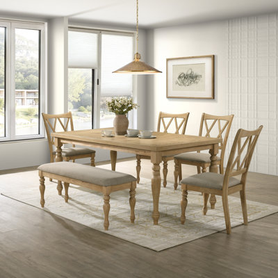 Table de salle à manger 6 pièces Jahnya avec 4 chaises et banc à dossier croisé, finition chêne clair