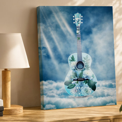Toile, une guitare acoustique transparente se dresse contre un ciel rêveur, remplie de doux nuages moelleux reflétant un art mural