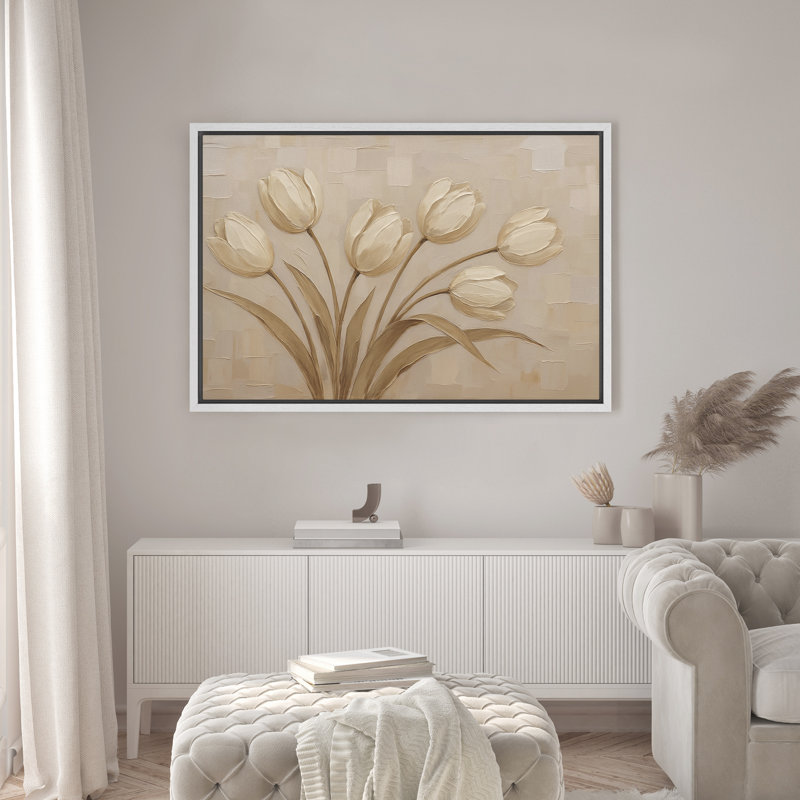 «Beige Tulips», impression botanique sur toile encadrée, H 16 po x l 24 po, Blanc