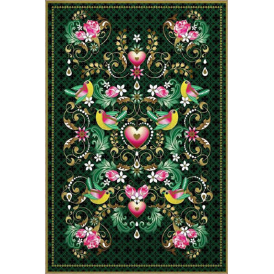 Black Toned Leafy Patterned Modern Decorative Rug