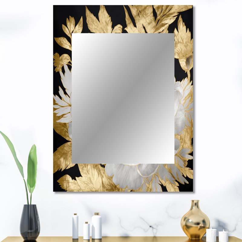Exquisite White Rose Blooming Floral Gold Glam - Rose Decorative Wall Mirror, Traditional Large Mirror, Printed Metal Art
