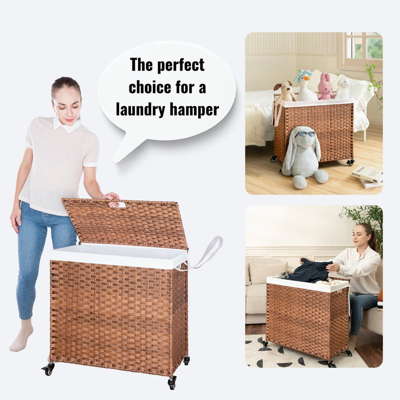 Natural Wicker Laundry Hamper with Lid and Removable Bags