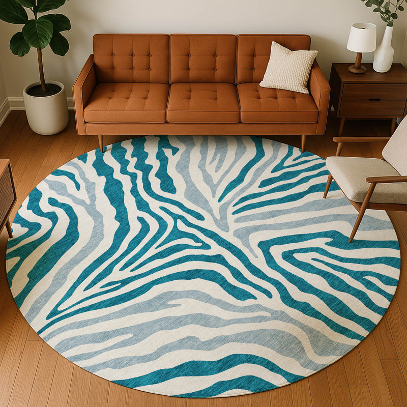 Machine Washable Indoor/Outdoor Chantille ACN2523 Animal Rug, Teal, Round 8'