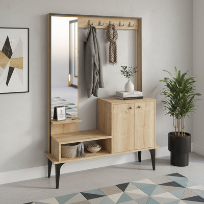 Hall Tree With Mirror, Cabinet And 10 Hooks