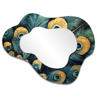 Emerald Peacock Feather Mosaic I - Peacock Animal Irregular Asymmetrical Mirror, Modern Wall Mirror, Printed on Metal