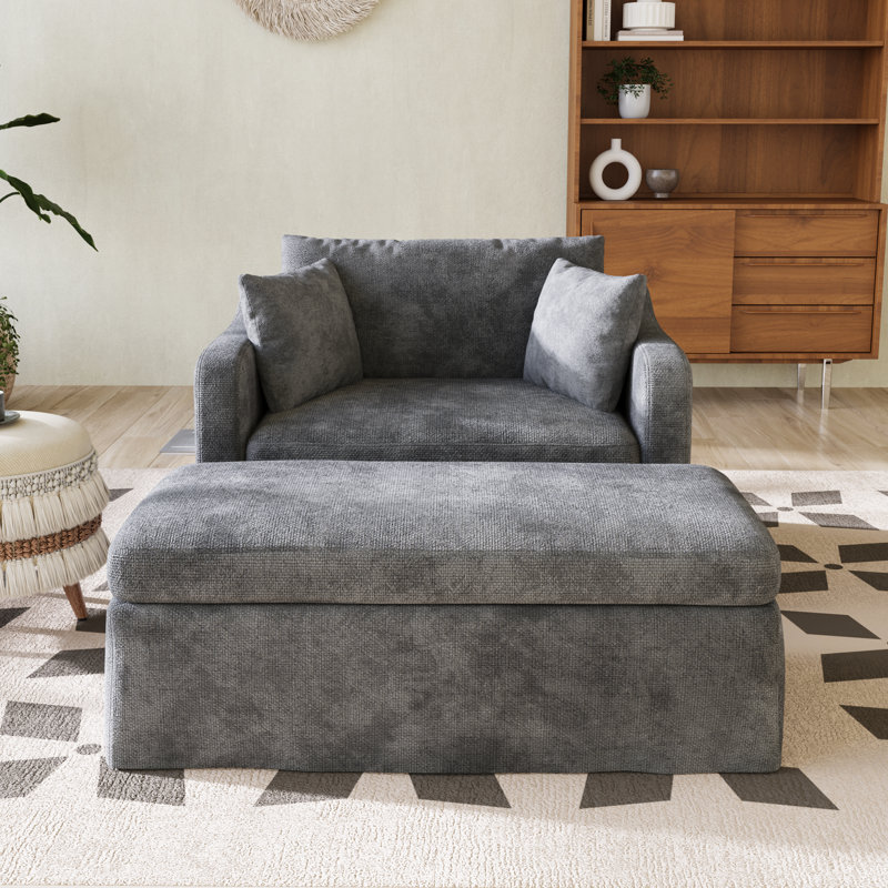 43.9" W Modern Accent Chair, Upholstered Single Sofa Chair With Pillows And Ottoman Bench, Charcoal