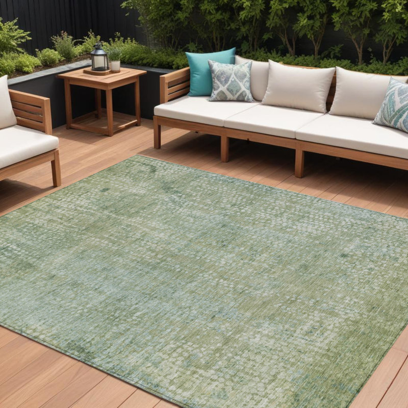 Tapis intérieur lavable abstrait vert et ivoire 8 pi x 10 pi