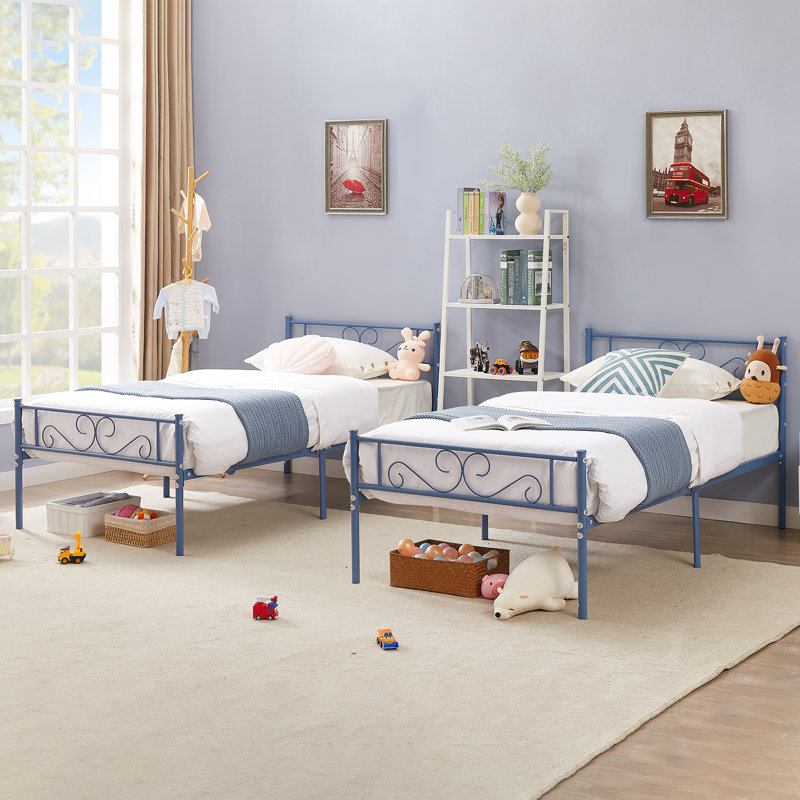 2 Set Bed Frame with Headboard and Footboard, 2 Pack Twin Size Blue Metal Platform Bed with Heavy-duty Slat Support, Mattress Foundation, Noise-Free, No Box Spring Needed for Kids Room, Guest Room, or Dorm