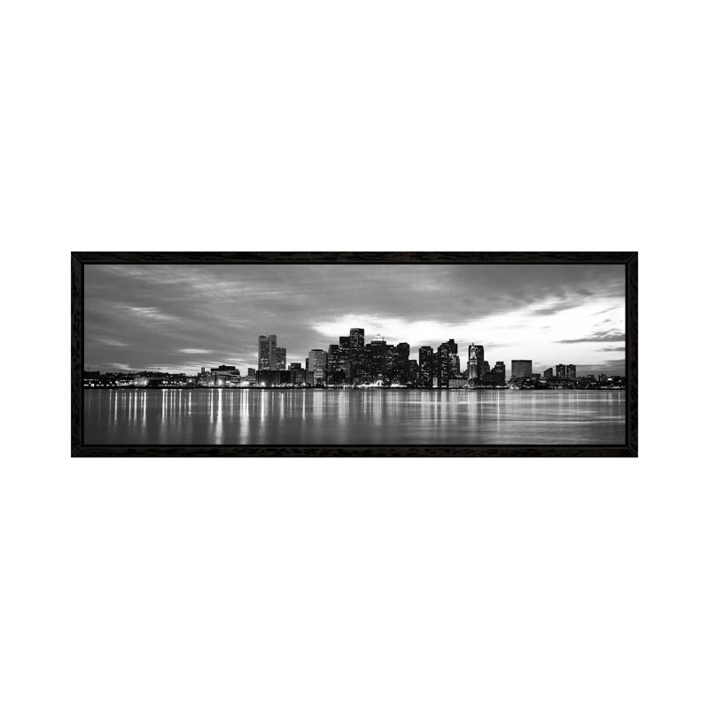 Boston Panoramic Skyline Cityscape (Black & White - Sunset) by Unknown Artist - Floater Frame Panoramic Gallery-Wrapped Canvas Giclée on Canvas