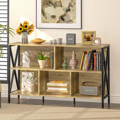 Industrial Modern 5 Cube Low Wide Cubby Bookcase,Long Wood and Metal Storage Organizer Open Shelf