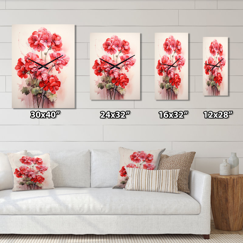 Geraniums roses gracieuses I - Très grandes horloges murales florales, H 32 po x l 16 po x P 1 po