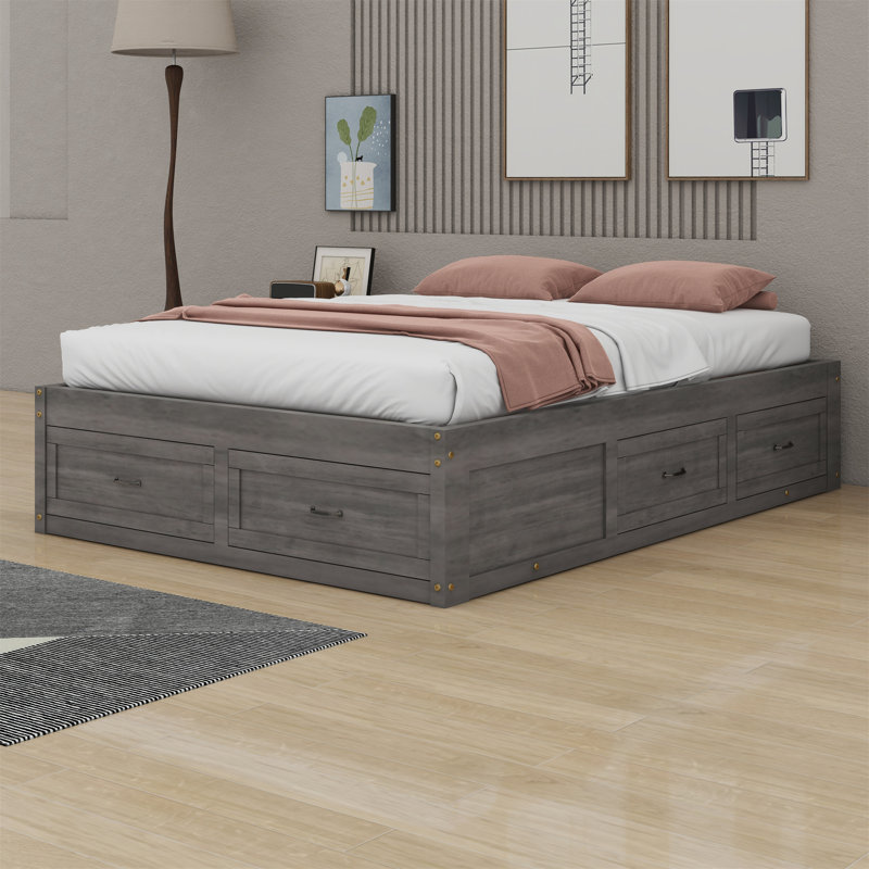Platform Bed With Storage Drawers, Queen, Antique Gray