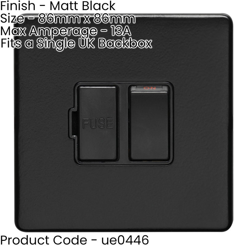 2 PACK 1 Gang 13A Switched Fuse Spur SCREWLESS MATT BLACK Mains Isolation, Matte Black, Black