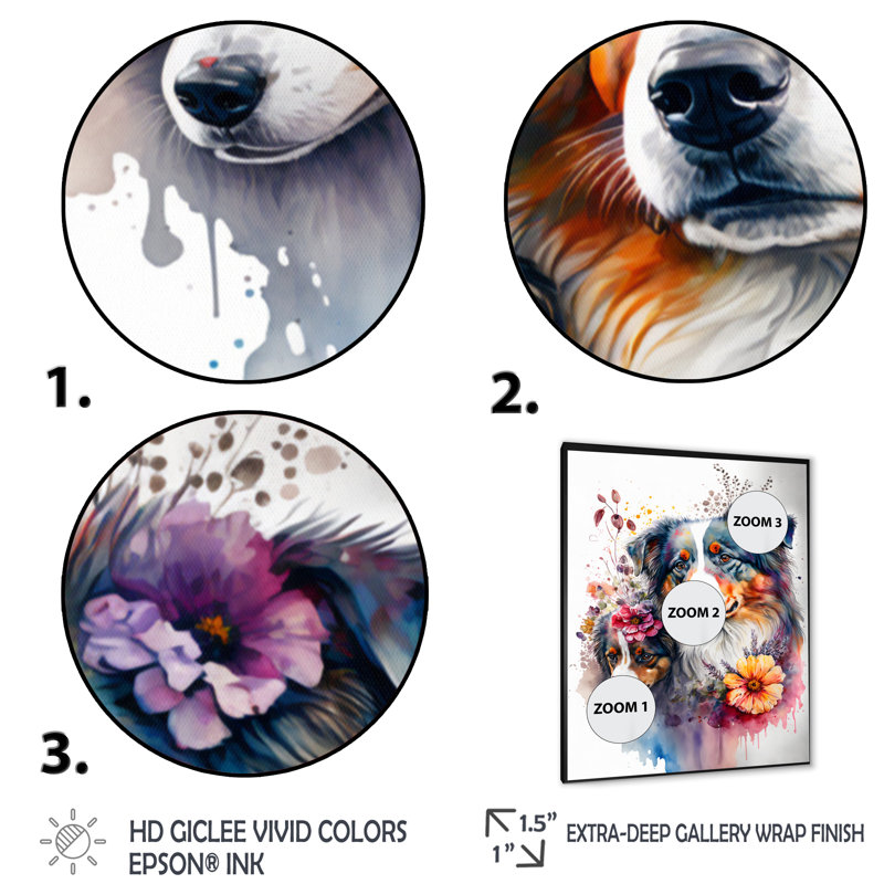 «Cute Australian Shepherds Floralii», cadre photo unique, impression sur toile, Noir, H 32 po x l 16 po x P 1 po