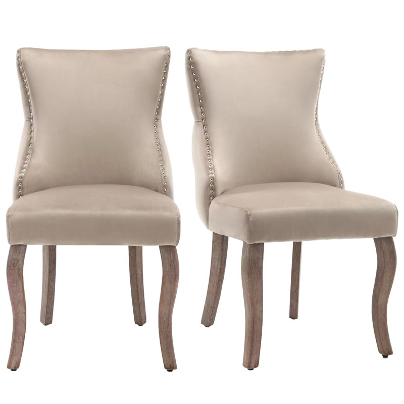 Seaham 37cm H Velvet Upholstered Side Chair, Beige, Brown Wood
