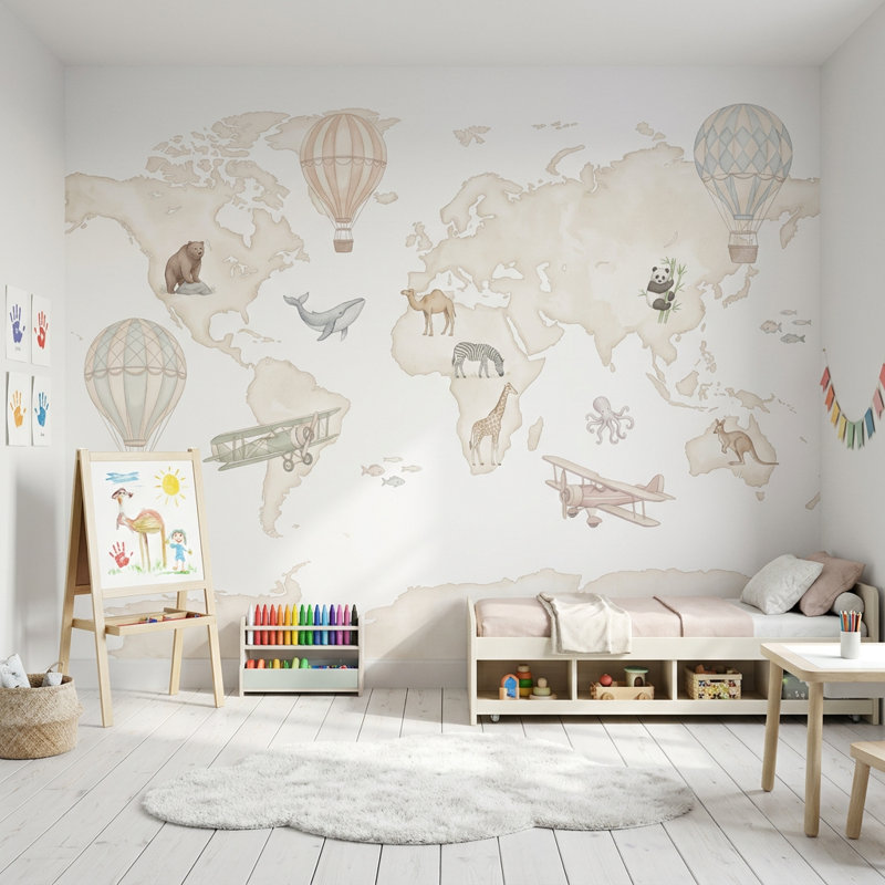 Papier peint carte du monde sur fond blanc amovible, 100 po x 96 po, Non tissé