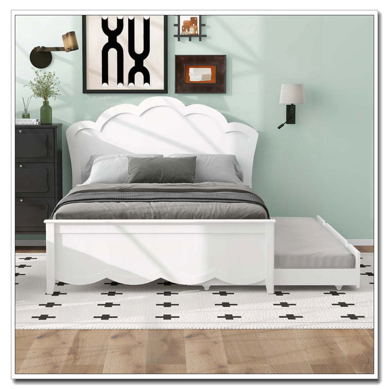 Lit plateforme en bois avec tête de lit, Lit double, Blanc-couchette