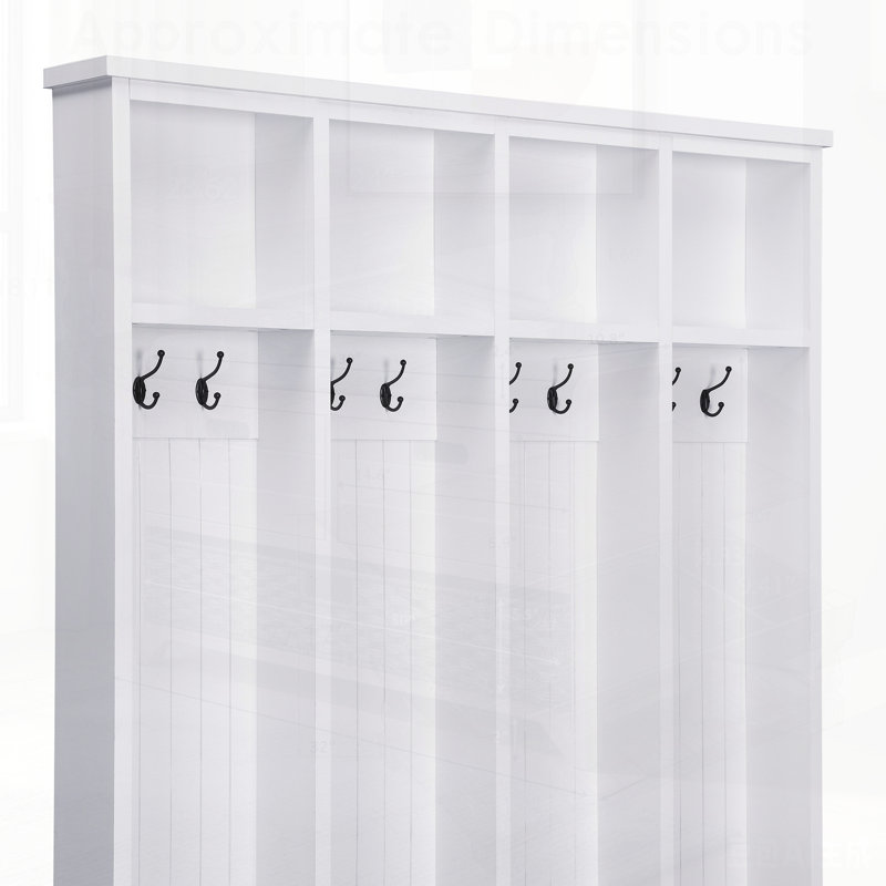 Farmhouse Hall Tree with 8 Hooks, Practical Entryway Bench with Open Compartments, Modern 3-in-1 Wooden Style Coat and Shoe Rack for Mudroom, Living Room