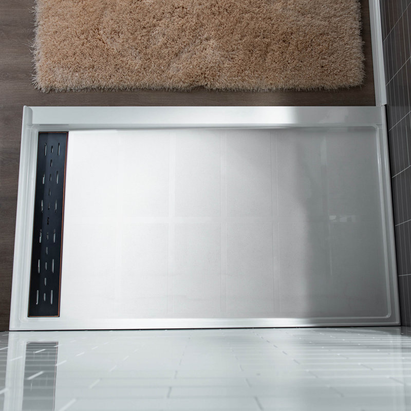 60" W x 32" D Solid Surface Single Threshold solid surfce Shower Pan Base with Drain Assembly & Drain Cover Included, Non-Slip