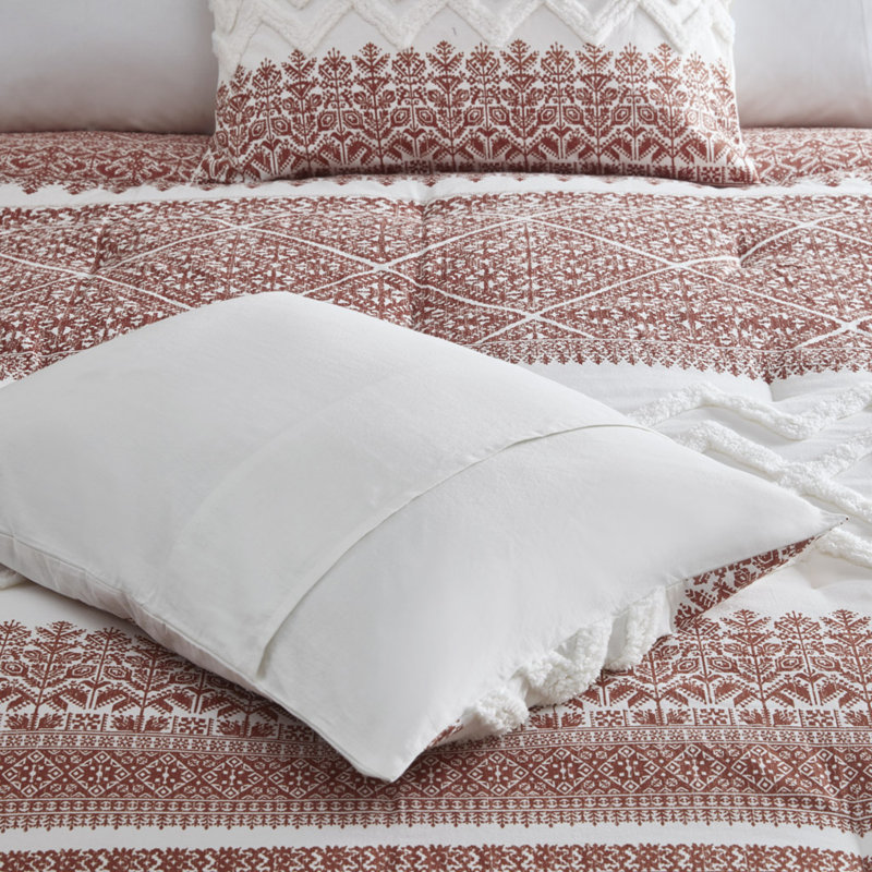 Farmhouse Cotton Bedding Sets, Chenille Tufted Comforter With Auburn Botanic Print, Full/queen Size