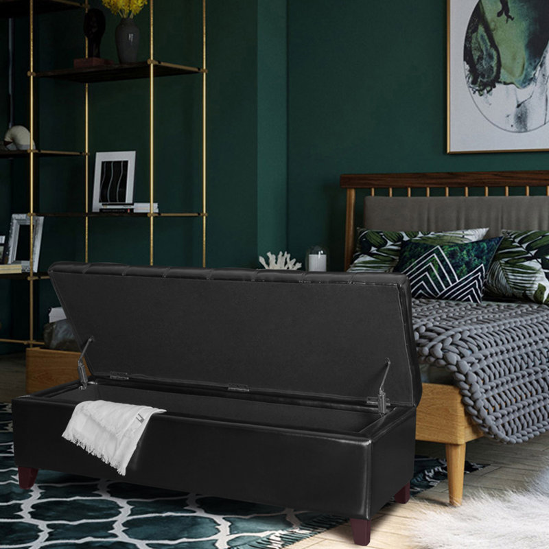Black Tufted Faux Leather Storage Ottoman Bench