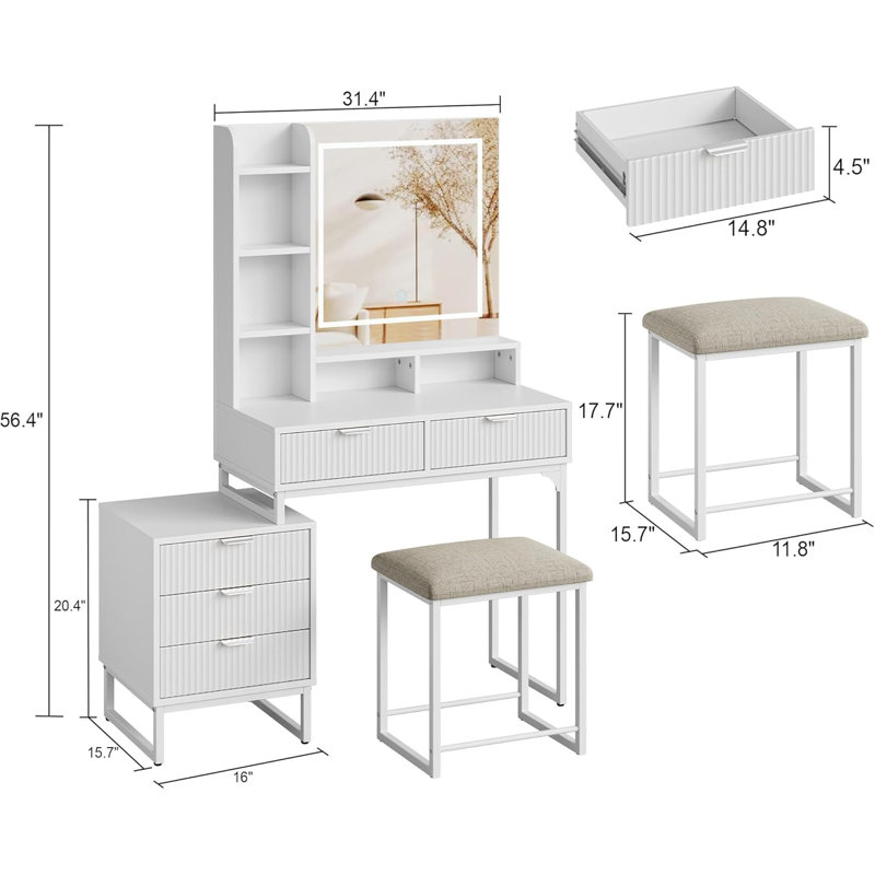 Table de coiffeuse à maquillage avec miroir et lumières, coiffeuse à 5 tiroirs