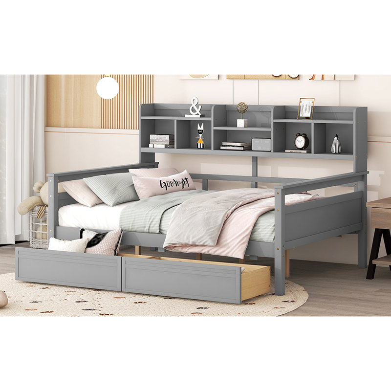 Lit de jour avec lattes de bois et options de rangement supplémentaires Finition, cadre, pratique, Gris, Lit double