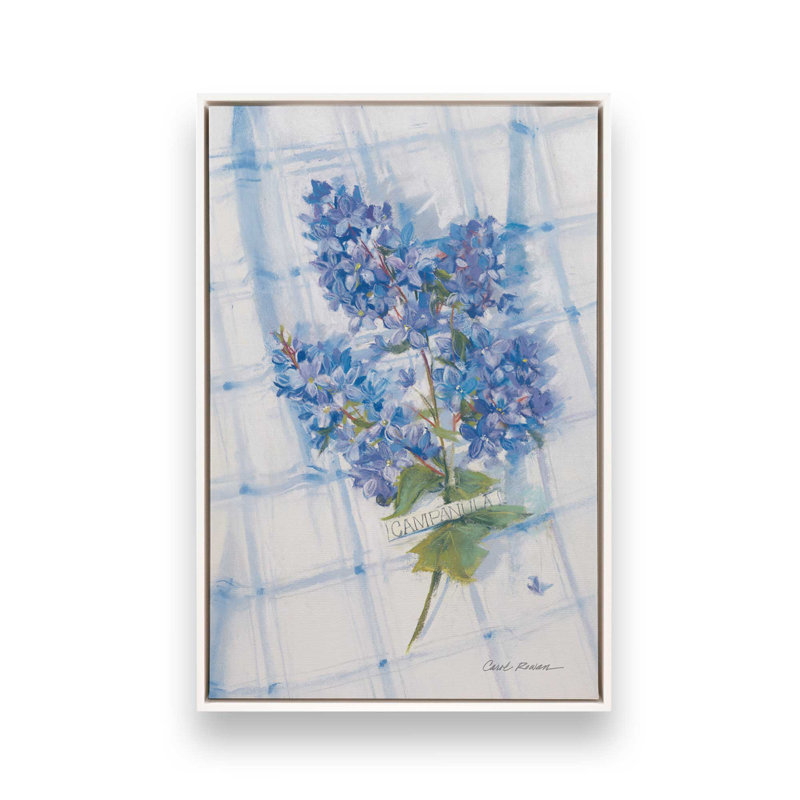 «Campanula on Linen» par Carol Rowan, reproduction d'art, H 48 po x l 36 po, Blanc