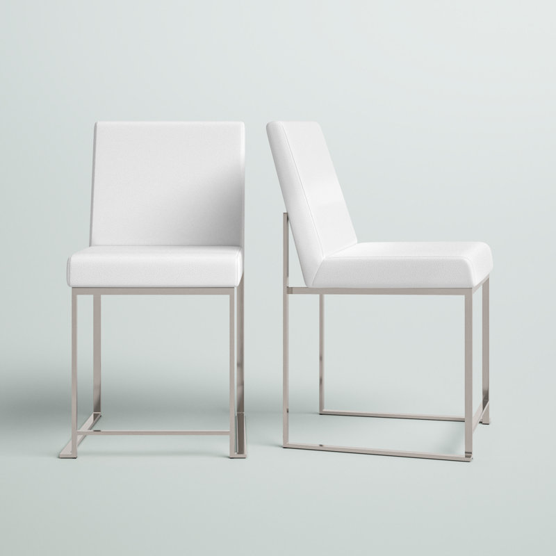 Ernestine 19.25'' H Upholstered Metal Side Chair, White Faux Leather, Stainless Steel