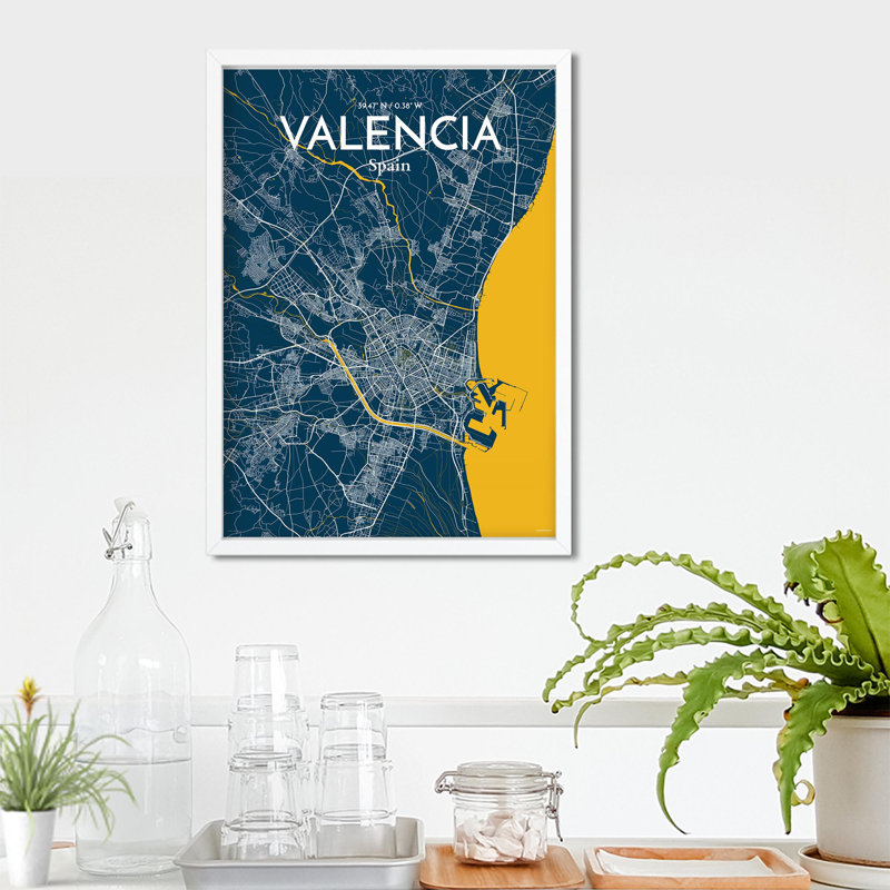 Valencia, carte de la ville, impression, H 27,6 po x l 19,7 po, Bleu / jaune