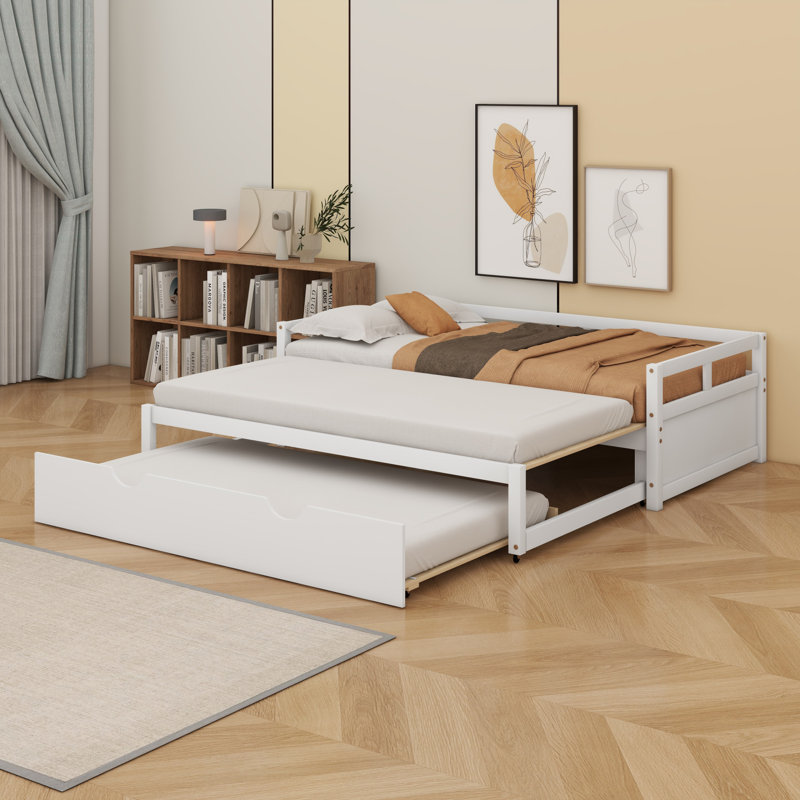 Lit de jour extensible avec couchette, lit de jour en bois avec couchette, Blanc