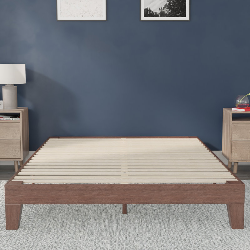 Platform Bed with Wooden Support Slats, No Box Spring Required, Walnut, Queen