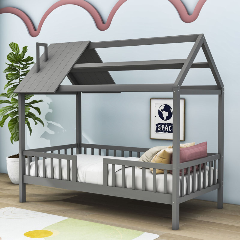 Hadrien Twin Wood House Bed with Fence, Gray