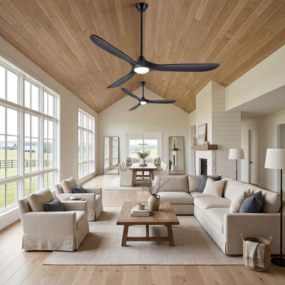 Ventilateur de plafond intelligent de 208 cm avec éclairage, 3 hélices à pales en bois noir, télécommande via l'application Alexa, moteur CC silencieux et écoénergétique, style ferme moderne idéal pour un grand salon ou un espace commercial avec de hauts plafonds.