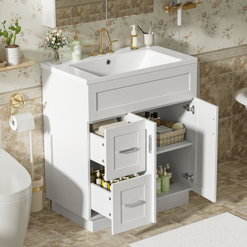 Meuble-lavabo de salle de bain avec 2 portes, 2 tiroirs, tablette réglable, glissières cachées pour les tiroirs et charnières pour portes
