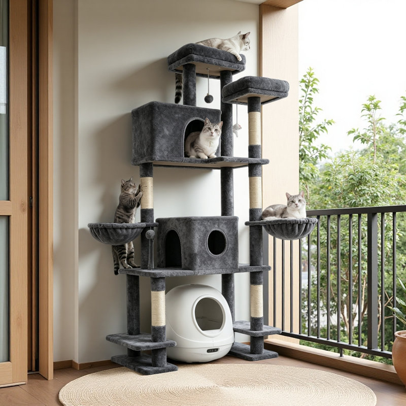 Tour pour arbre à chat 78,7 po de hauteur avec condos doubles, 2 hamacs en peluche, poteaux à griffer en sisal, 3 jouets interactifs, base large divisée pour bac à litière, meubles d'intérieur pour chat