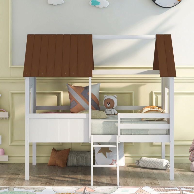 Twin Size Low Loft Wood House Bed With Two Side Window