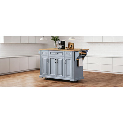 K&K 54Inch Large Kitchen Island With Drop Leaf, Embossed Texture, Rolling Cart On 4 Wheels, 4 Doors, 3 Drawers, Grey Blue