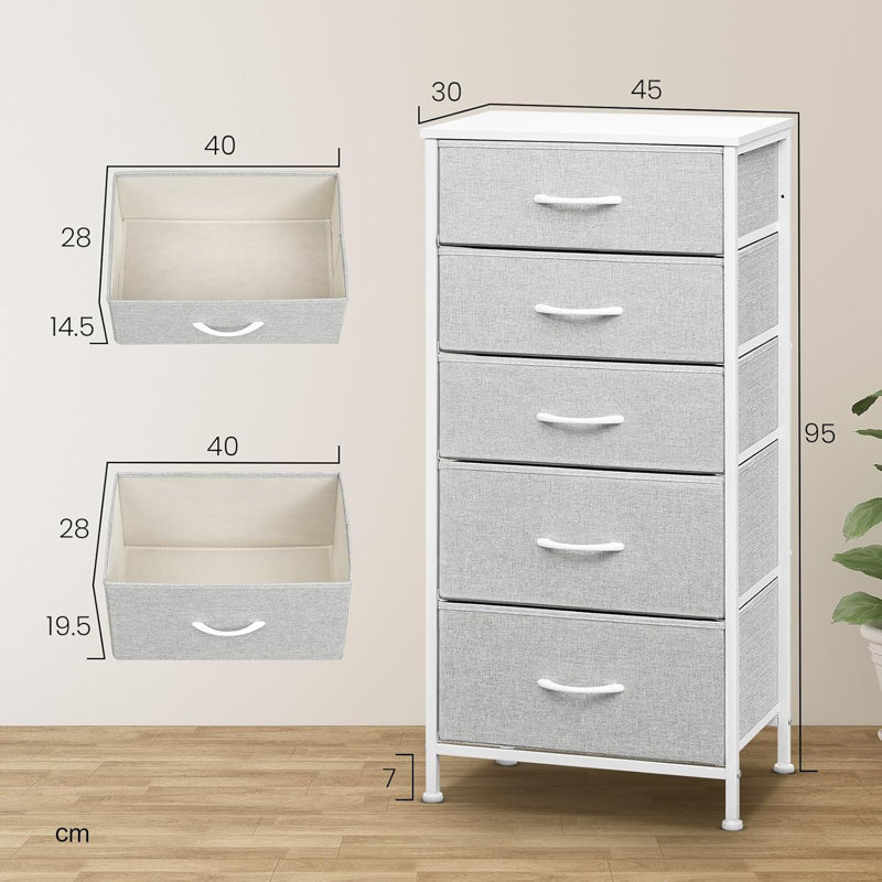 Rikeisha 5 Drawer Storage Drawer, White/Gray