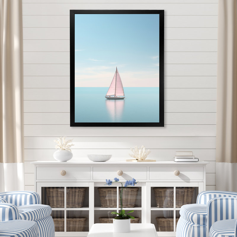 «Coastal Calm» rose et bleu voilier photo sur toile, H 32 po x l 16 po x P 1 po, Cadre photo noir
