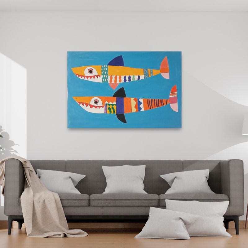 Impression d'art mural coloré coloré, joyeux requins, océan, H 40 po x l 60 po