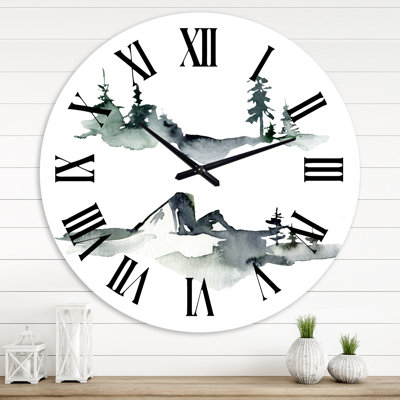 Winter Dark Blue Mountain Landscape With Trees I - Modern wall clock
