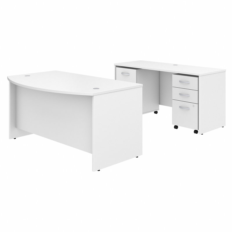 Studio C 72W x 36D Bow Front Desk and Credenza with Mobile File Cabinets, White