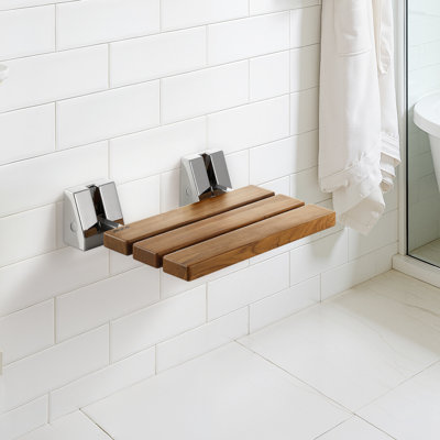 Foldable Shower Seat Wall Mounted, 15.7" Teak Folding Shower Bench, 330LBS Fold-Down Bathroom Corridor Seat with Stainless Steel Frame for Adults Seniors, Waterproof & Easy-to-Clean