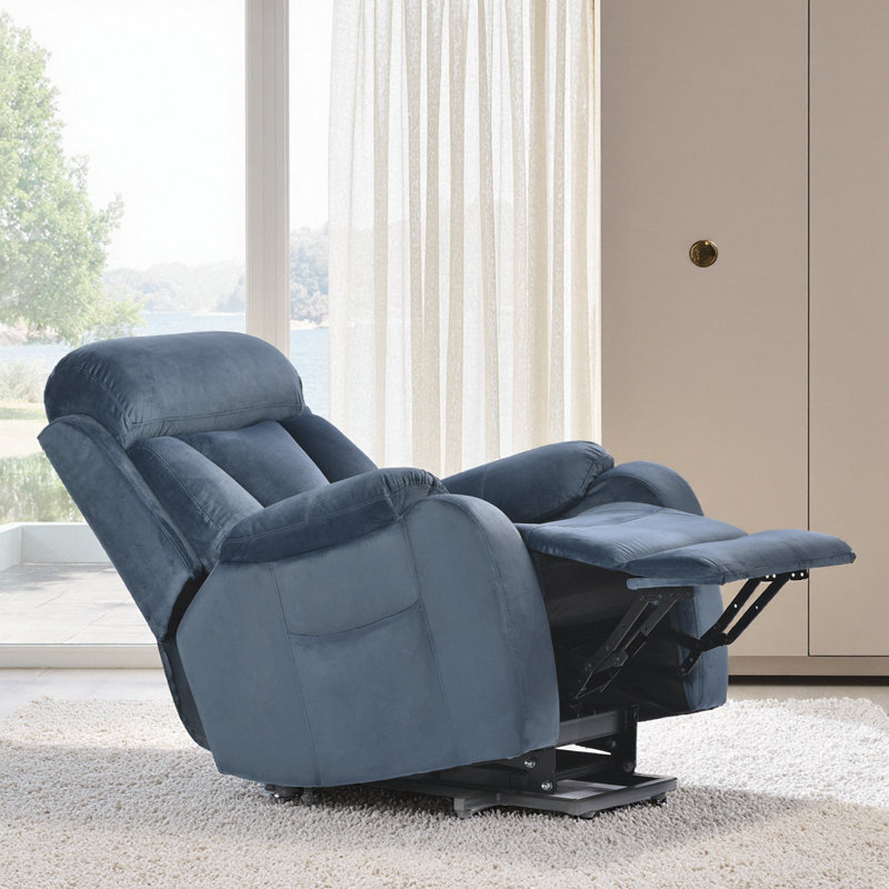 Power Lift Recliner for Seniors, 35" Snowflake Velvet, Remote, 330 lb, Side Pocket, Dark Green – Small-Space, Blue